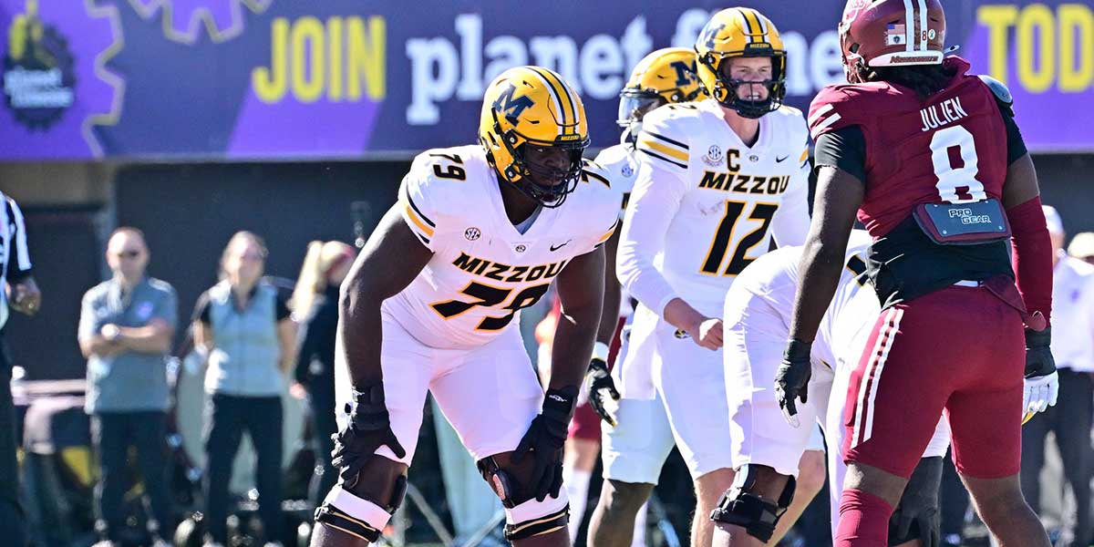 Missouri Tigers offensive lineman Armand Membou (79) lines up against the Massachusetts Minutemen during the first half at Warren McGuirk Alumni Stadium. Mandatory Credit: Eric Canha-Imagn Images