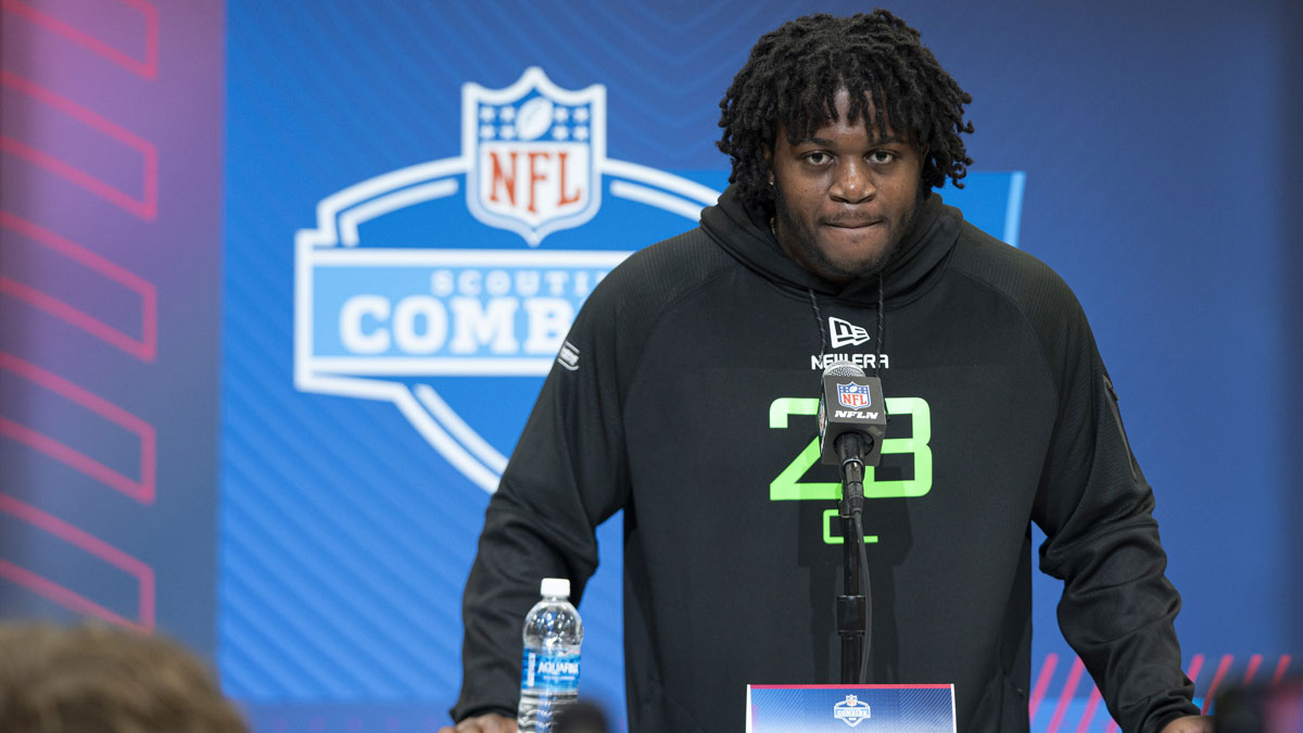 University of Missouri offensive lineman Armand Membou (OL28) answers questions at a press conference during the 2025 NFL Combine at Indiana Convention Center.