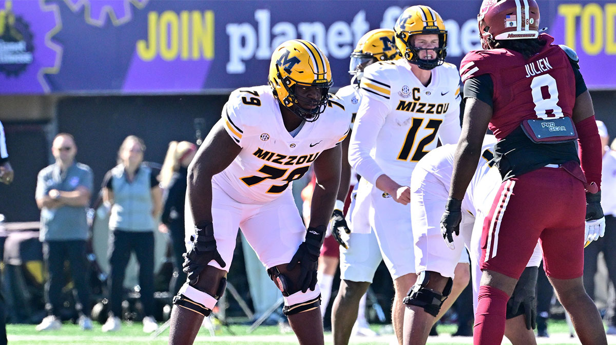 Missouri Tigers offensive lineman Armand Membou (79) lines up against the Massachusetts Minutemen during the first half at Warren McGuirk Alumni Stadium.
