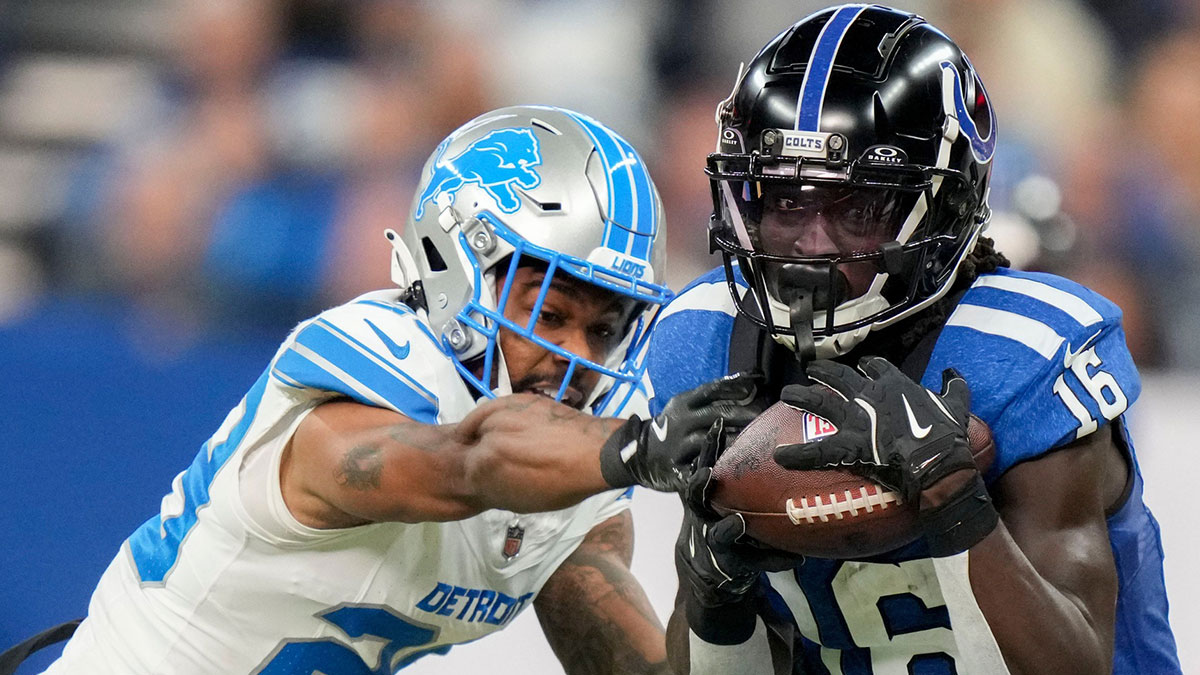 Indianapolis Colts wide receiver Ashton Dulin (16) catches a ball but fails to keep it in bounds Sunday, Nov. 24, 2024, during a game against the Detroit Lions at Lucas Oil Stadium in Indianapolis.