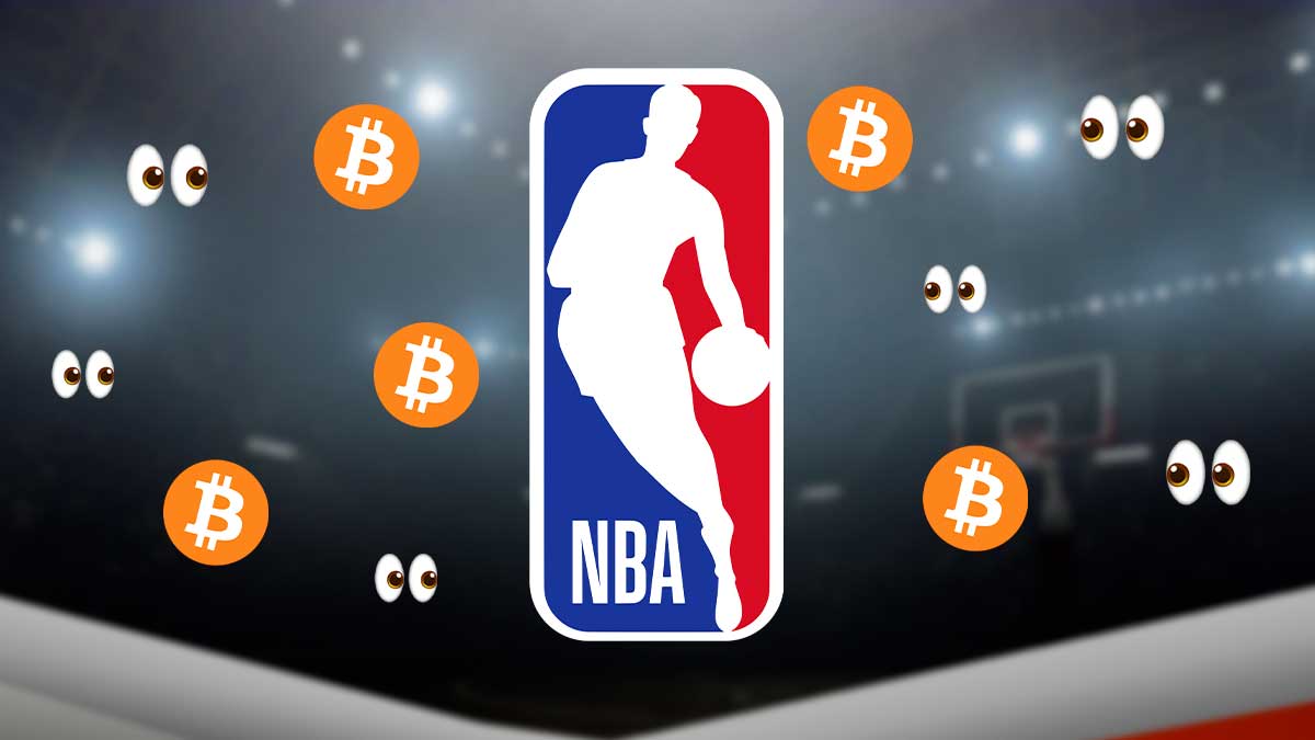 NBA logo surrounded by Bitcoin logos and emoji eyes