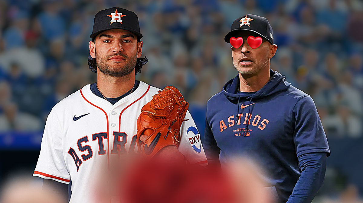 Photo: Lance McCullers Jr in action in Astros jersey, Joe Espada looking at him with heart eyes