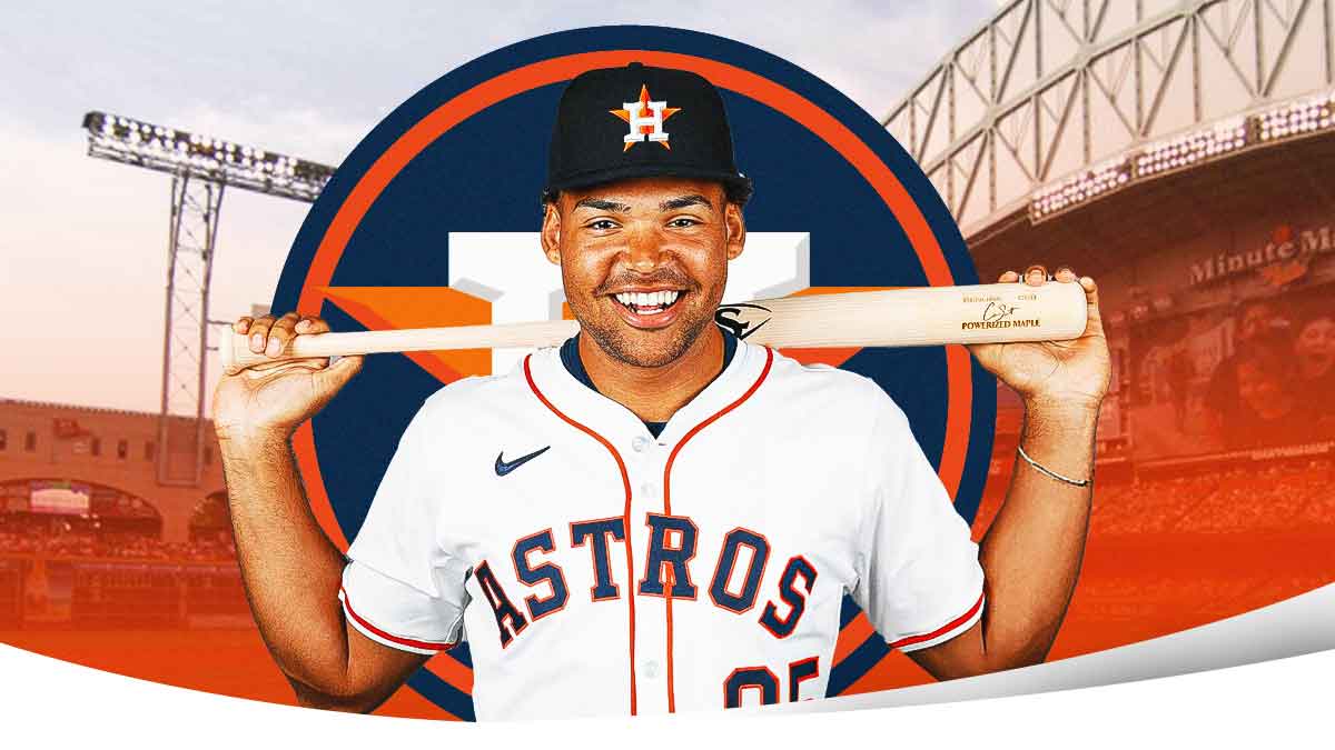 Image of Astros third baseman Cam Smith smiling. Astros logo in background