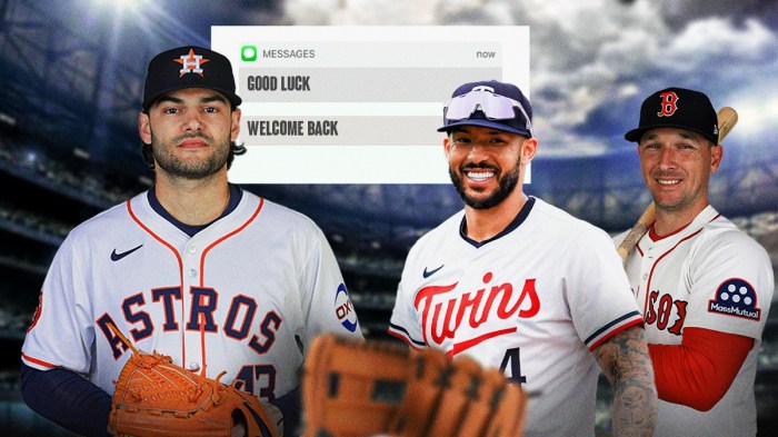 Lance McCullers Jr in Astros uniform, Carlos Correa and Alex Bregman behind him with text message notifications that say "good luck" and "welcome back"