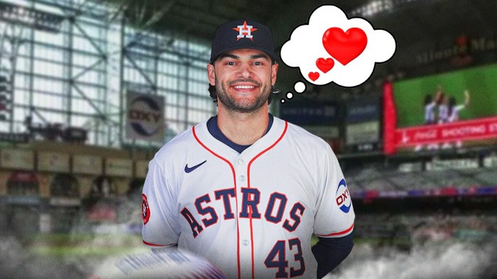 Lance McCullers in a Houston Astros uniform with a thought bubble with a red heart in it as mccullers was back on the mound for the astros for the first time since his injury.