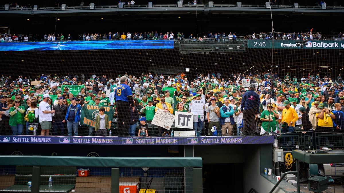 Oakland Athletics fans stay in the stands after the game between the Seattle Mariners and the Oakland Athletics at T-Mobile Park.