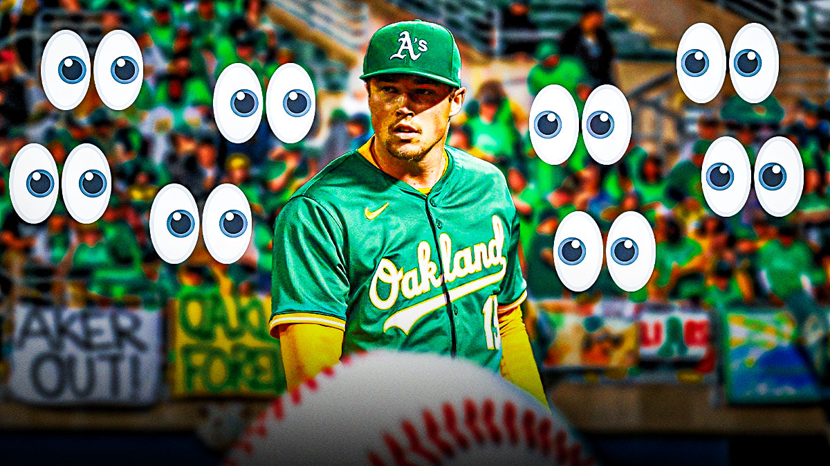 Mason Miller on one side, a bunch of Athletics fans on the other side with the big eyes emoji around them