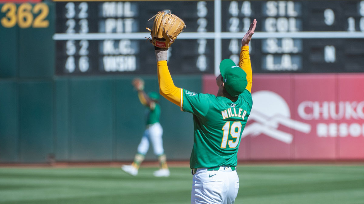 Oakland Athletics pitcher Mason Miller (19) celebrates after defeating the Texas Rangers at Oakland-Alameda County Coliseum.