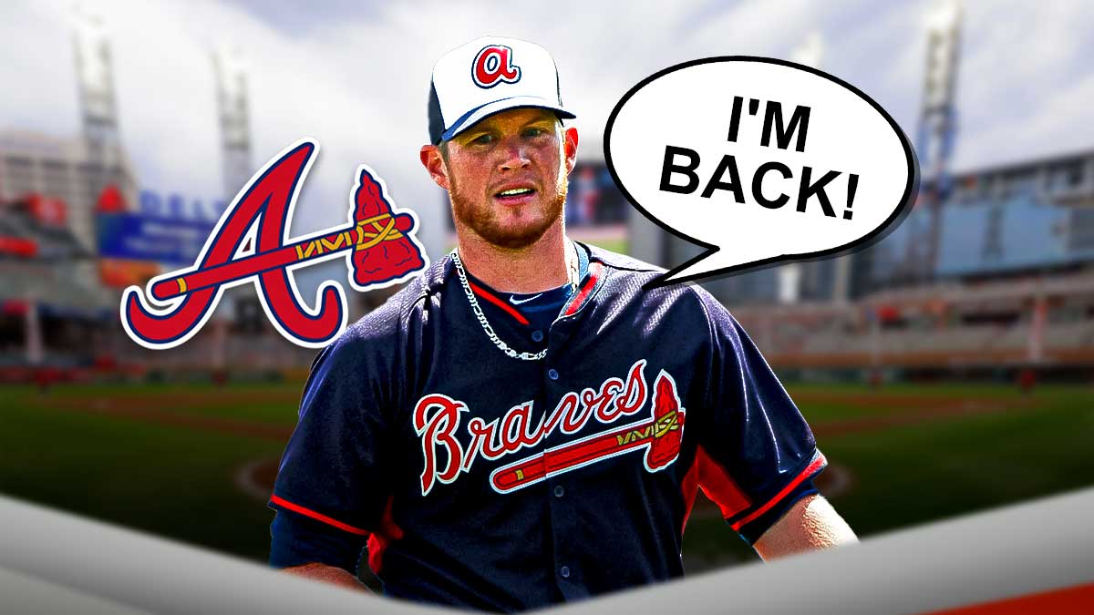 Craig Kimbrel smiling and saying "I'm back!" Atlanta Braves logo next to him