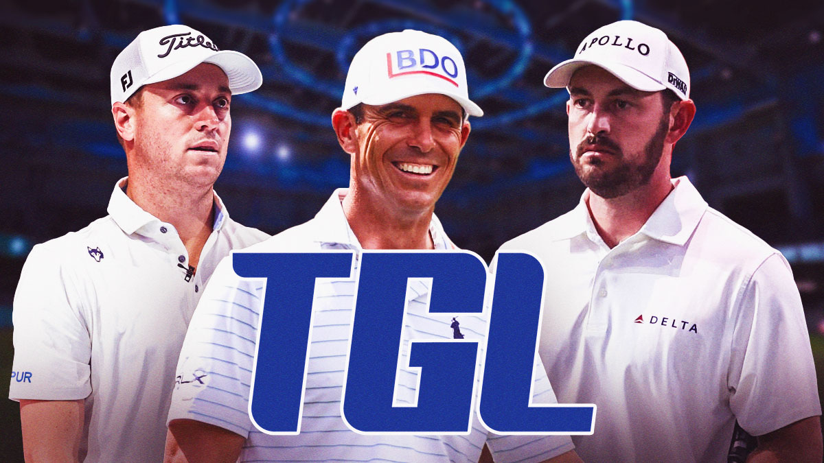 Justin Thomas, Billy Horschel, and Patrick Cantlay. TGL logo in the middle