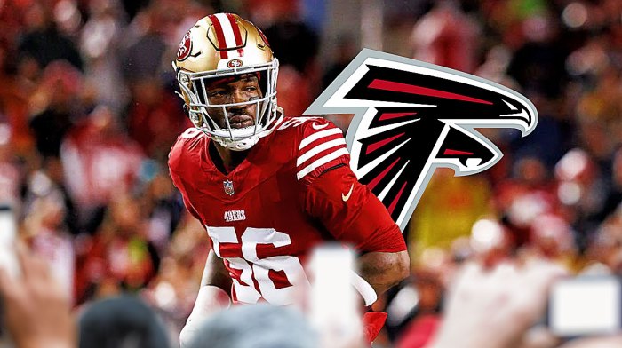 49ers' Leonard Floyd next to Falcons logo