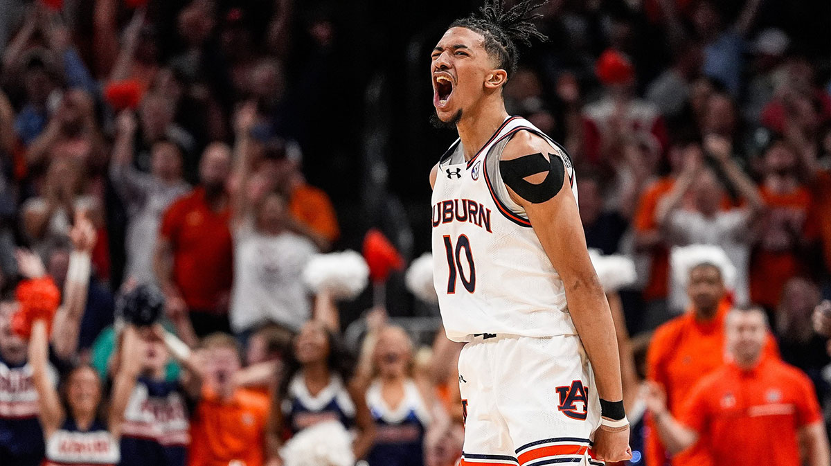 Auburn guard Chad Baker-Mazara (10) celebrates a play against Michigan State during the second half of the Elite Eight round of NCAA tournament at State Farm Arena in Atlanta, Ga. on Sunday, March 30, 2025.