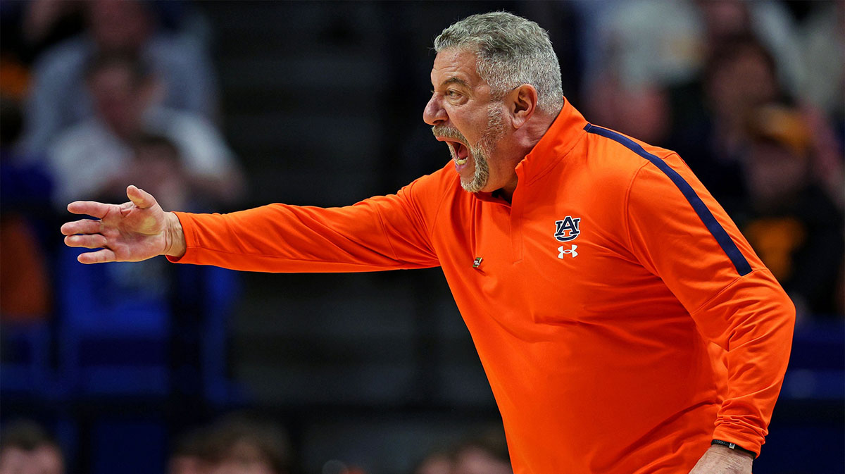 Auburn Tigers head coach Bruce Pearl reacts to a play during the first half against the Creighton Bluejays in the second round to the NCAA Tournament at Rupp Arena.