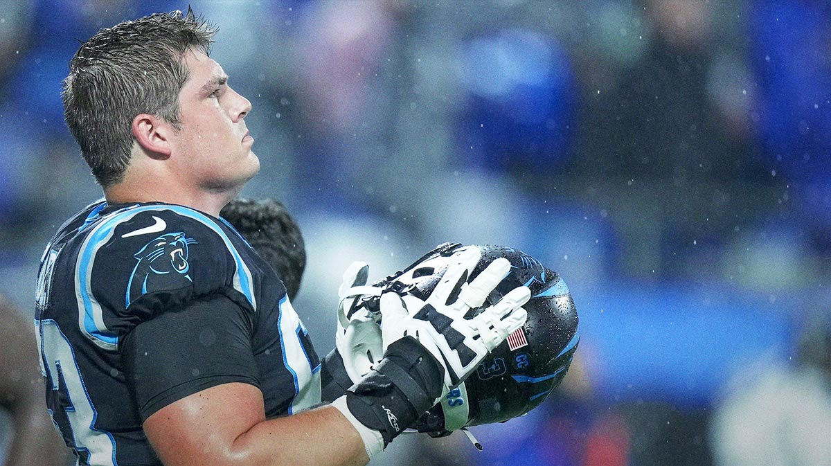 Carolina Panthers guard Austin Corbett (63) looks on during the first quarter against the Atlanta Falcons at Bank of America Stadium.