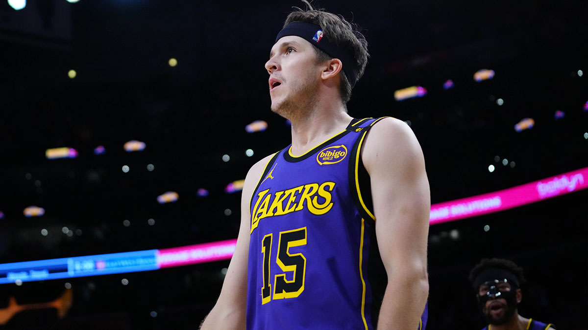Los Angeles Lakers guard Austin Reaves (15) reacts in the first half against the San Antonio Spurs at the Crypto.com Arena.