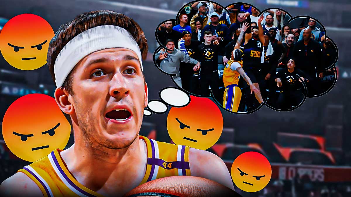 Lakers guard Austin Reaves with a thought bubble of Jamal Murray shooting the game-winning shot in the playoffs against Anthony Davis and angry emojis around Reaves.