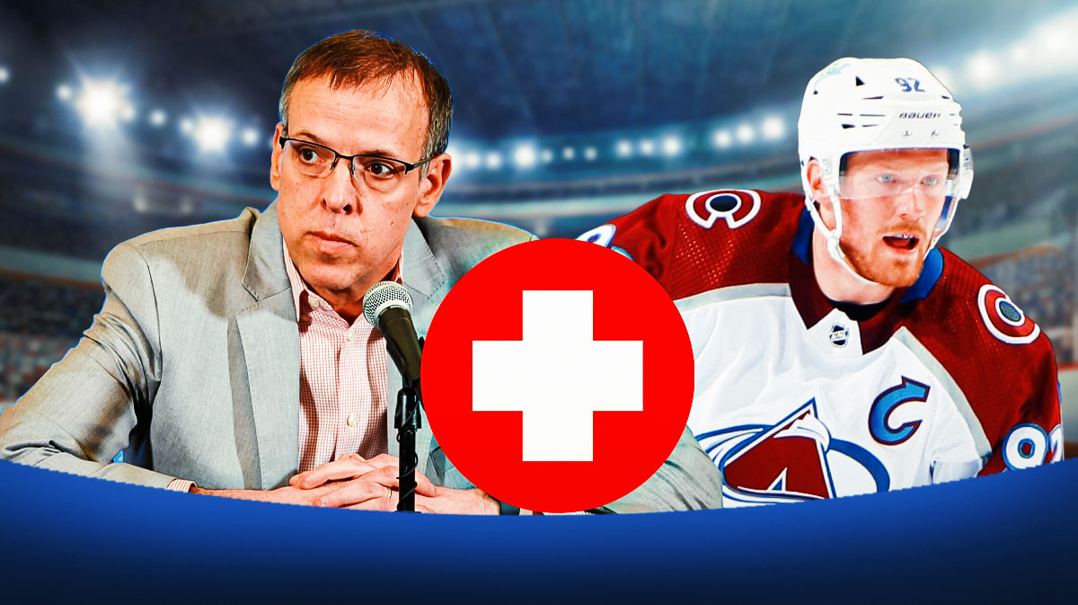 Avalanche GM Chris McFarland and center Gabriel Landeskog with medical Red Cross symbol