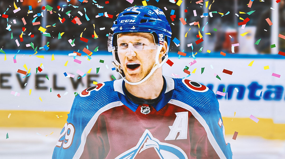 Colorado Avalanche star Nathan MacKinnon with confetti around him.