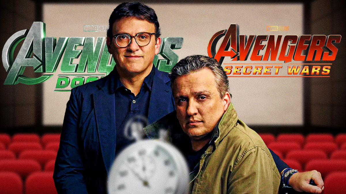 Russo Brothers (Anthony and Joe) with movie theater background and logos of Marvel's Avengers movies Doomsday and Secret Wars with a stopwatch to represent their runtimes.