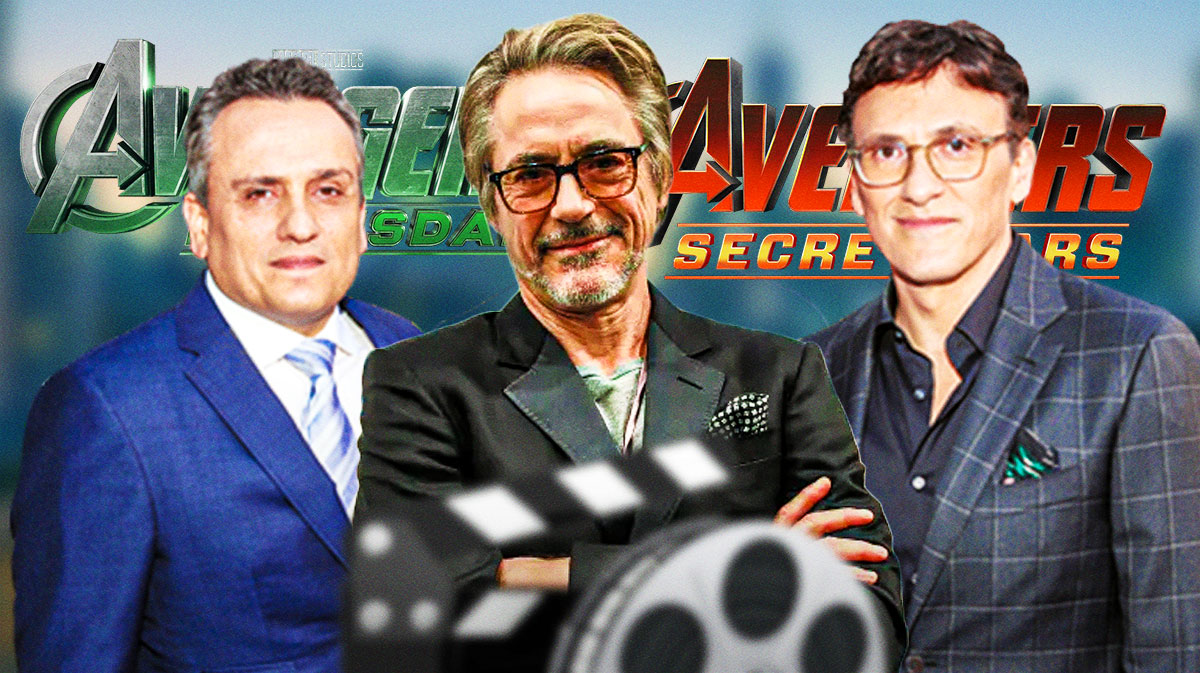 The Russo Brothers with Avengers Doomsday and Secret Wars logos with Robert Downey Jr. in between them.