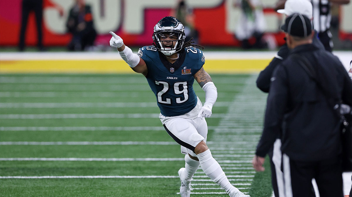 Philadelphia Eagles cornerback Avonte Maddox (29) reacts after a defensive stop against the Kansas City Chiefs during the second half of Super Bowl LIX at Caesars Superdome.