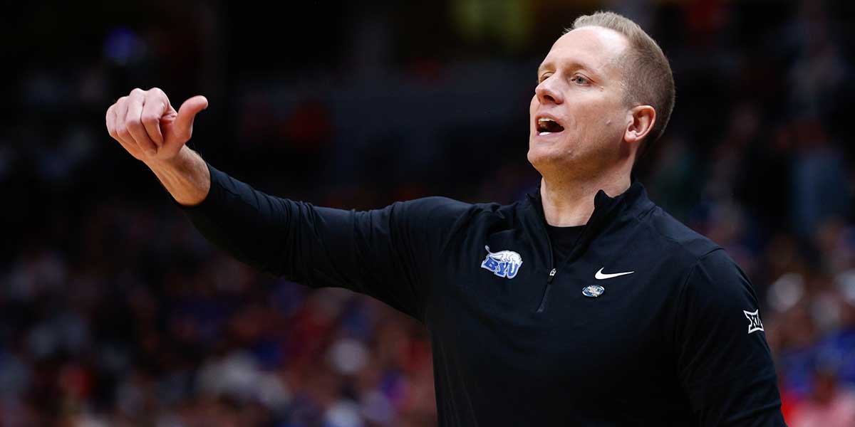 Brigham Young Cougars head coach Kevin Young reacts during the first half against the VCU Rams in the first round of the NCAA Tournament at Ball Arena.
