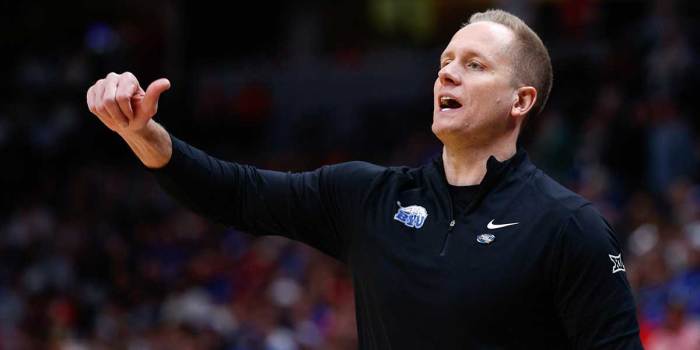 Brigham Young Cougars head coach Kevin Young reacts during the first half against the VCU Rams in the first round of the NCAA Tournament at Ball Arena.