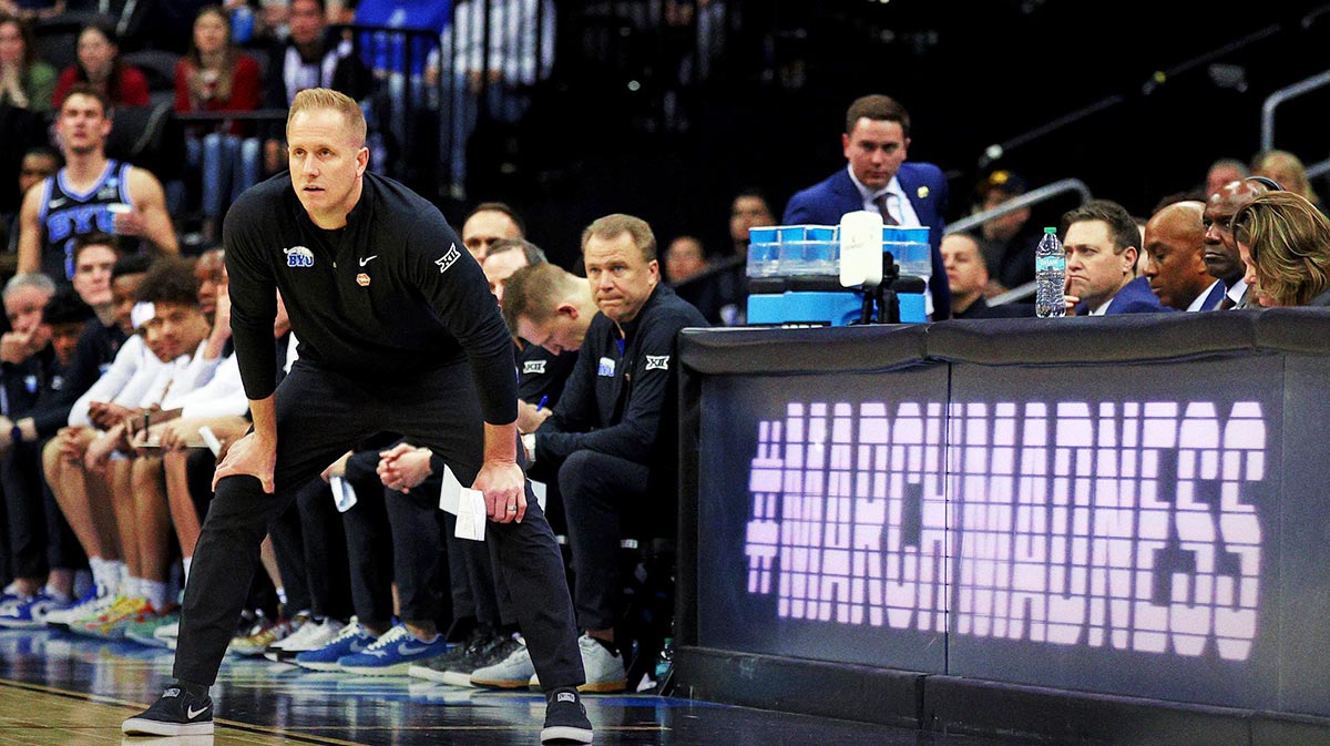 Brigham Young Cougars head coach Kevin Young looks on during the first half against the Alabama Crimson Tide during an East Regional semifinal of the 2025 NCAA tournament at Prudential Center.