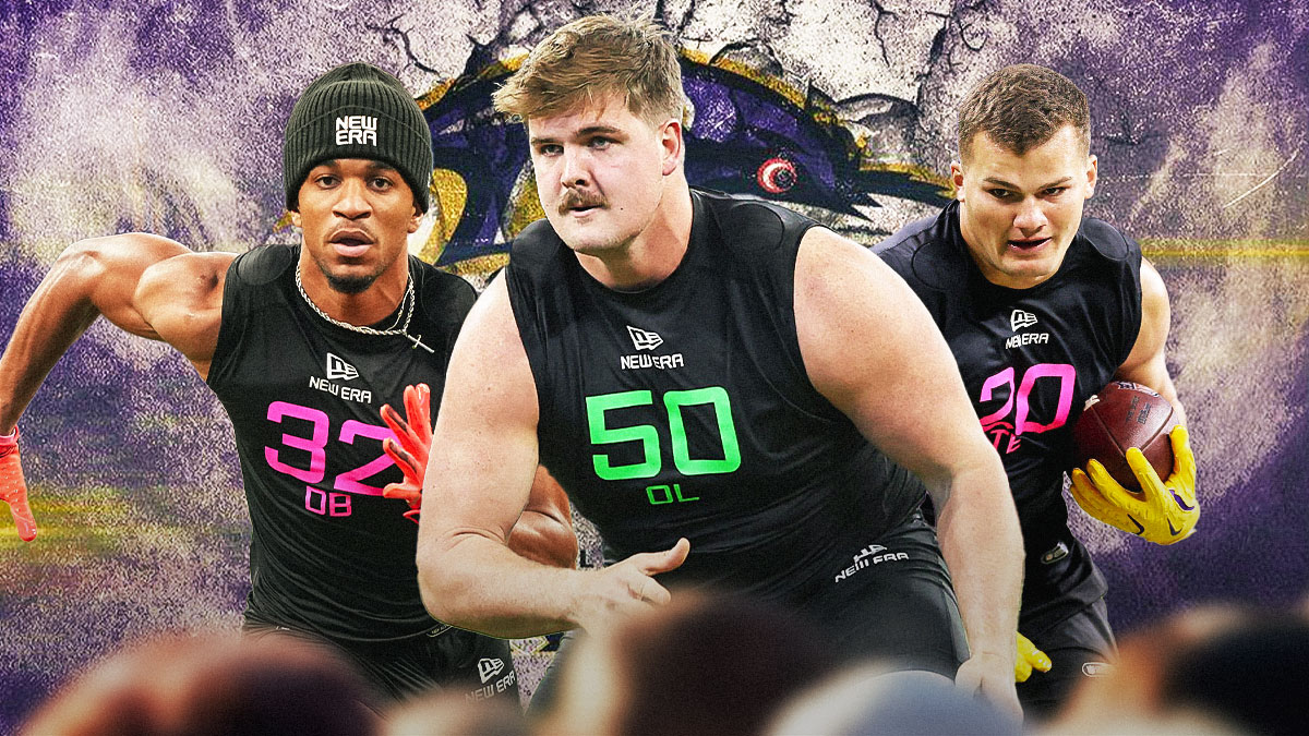Grey Zabel, Azareye'h Thomas, Mason Taylor beside each other, Baltimore Ravens wallpaper in the background