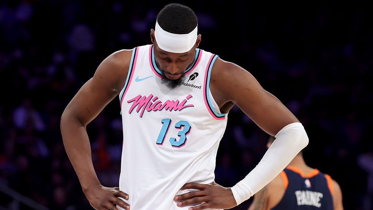 Miami Heat center Bam Adebayo (13) reacts during the fourth quarter against the New York Knicks at Madison Square Garden.