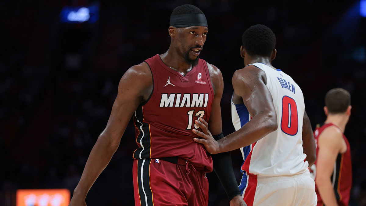 Miami Heat Center Bam Adebaiio (13) looks against detroit clips during the second quarter in the Cashier Center.