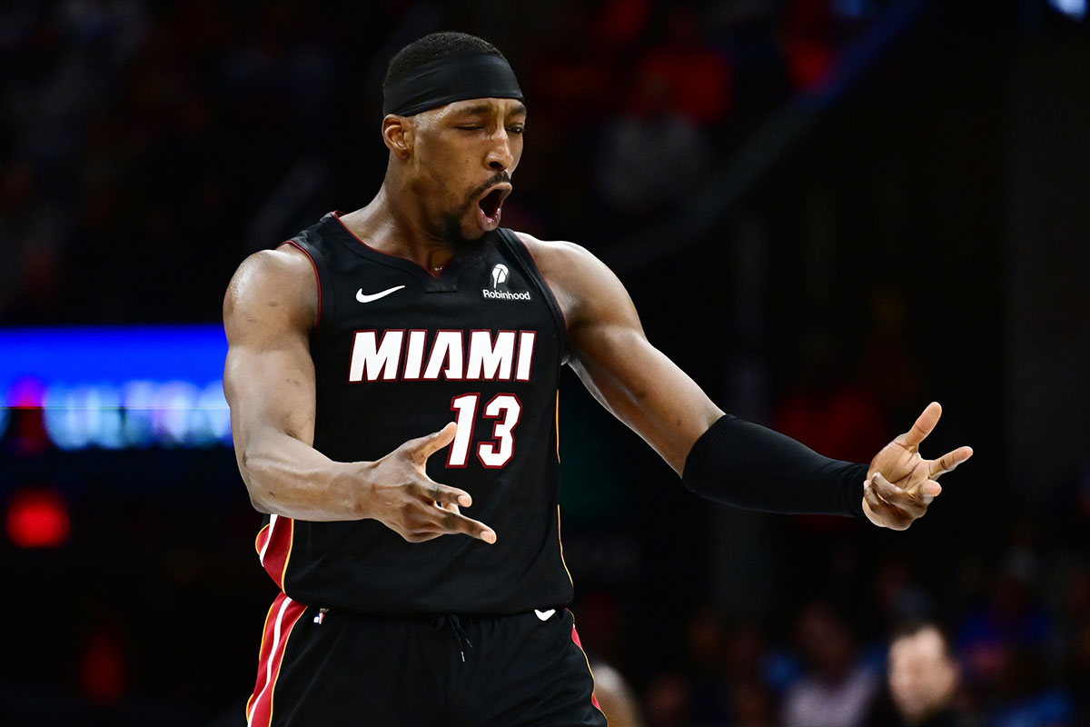 Miami Heat Center Bam Adebaiio (13) celebrates after he hit the cart with three points during the second half against Cavaliers Cleveland in the rocket arena.