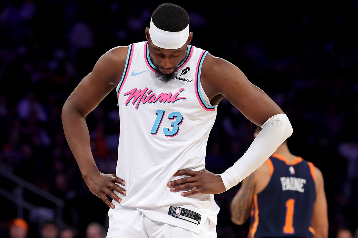 Miami Heat center Bam Adebayo (13) reacts during the fourth quarter against the New York Knicks at Madison Square Garden.