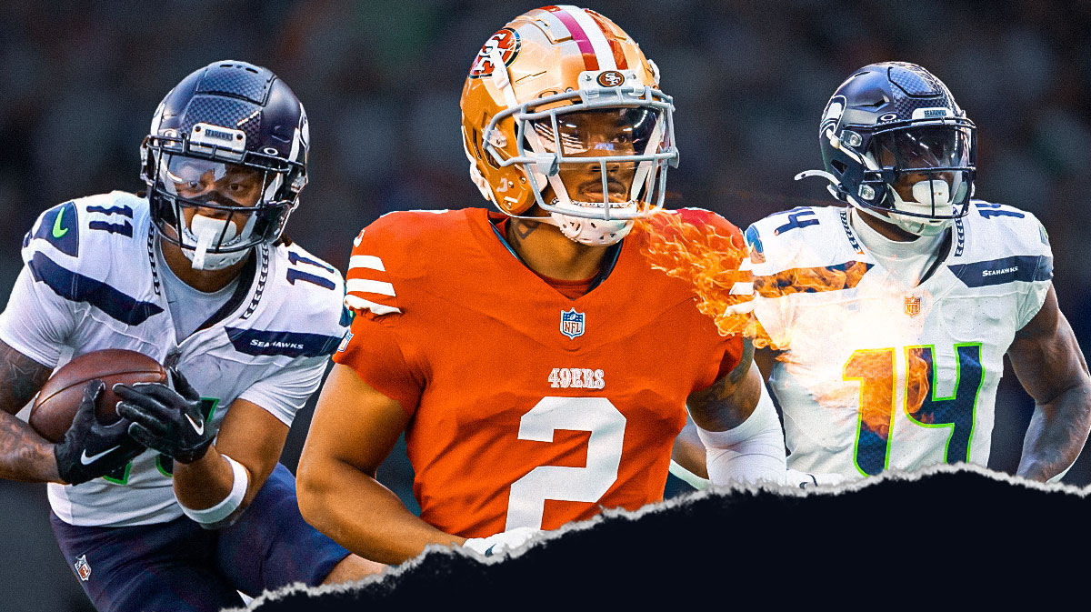 Featured Graphic idea: Image of 49ers CB Deommodore Lenoir (with fire coming out of his mouth) next to image of Seahawks WR DK Metcalf next to image of Seahawks WR Jaxson Smith-Njigba looking upset