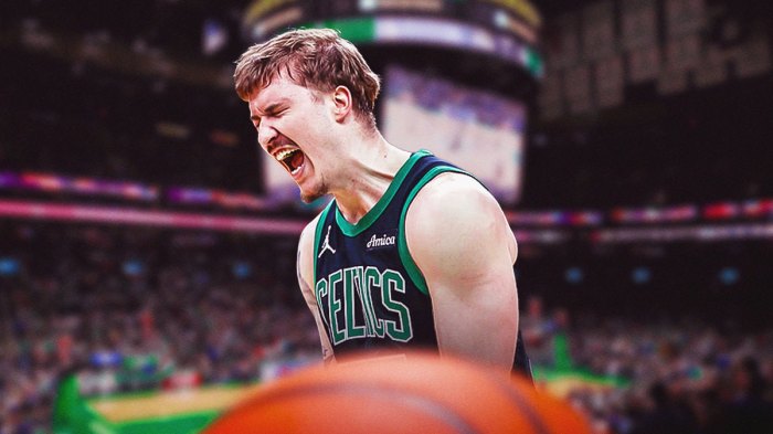 Celtics' Baylor Scheierman looking hyped on a Boston background