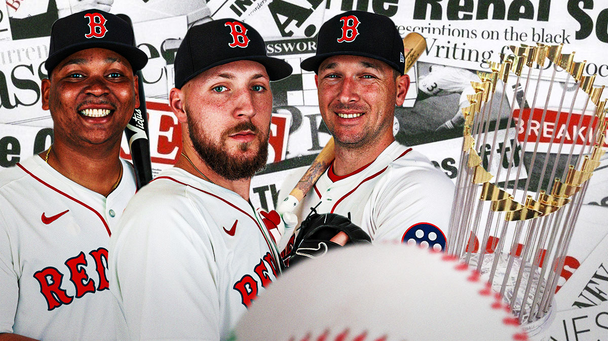 A newspaper as the background, Rafael Devers, Garrett Crochet (in a Boston Red Sox uniform if he isn't already), and Alex Bregman on one side, the World Series trophy on the other side