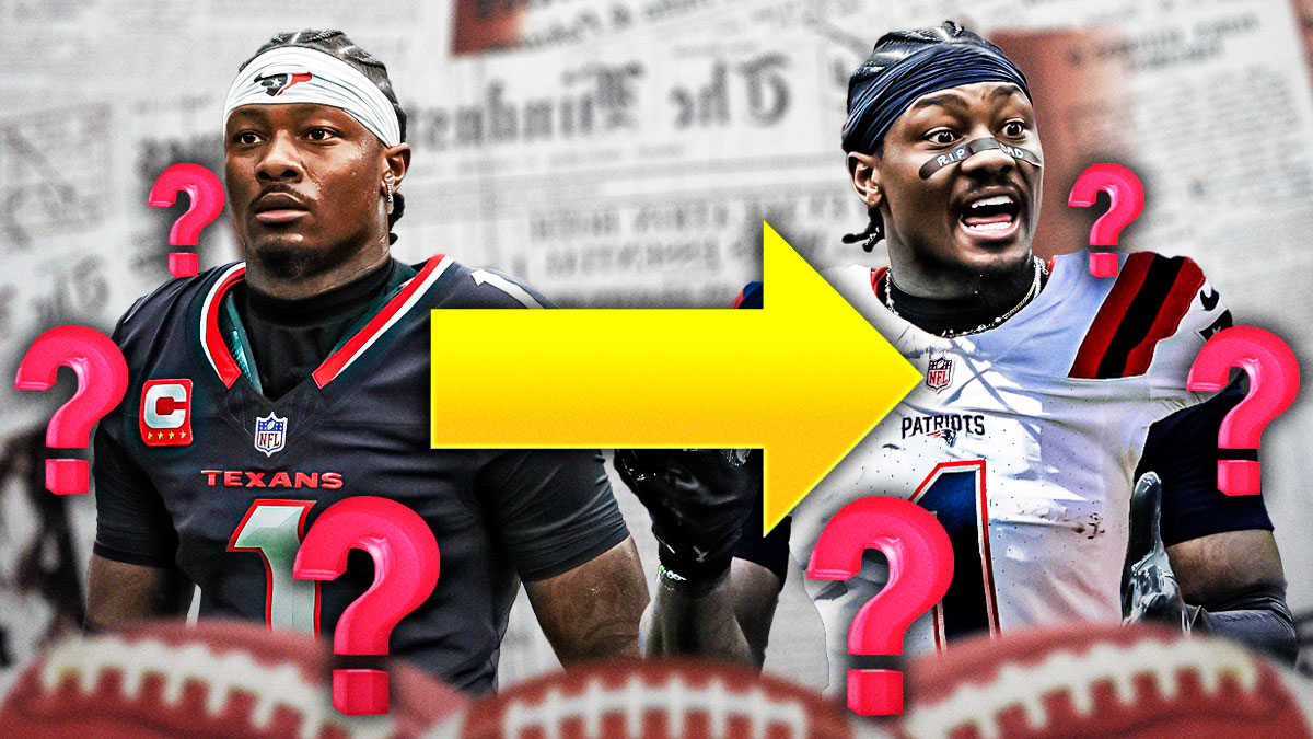 A newspaper in the background, Stefon Diggs on one side in a Houston Texans uniform with an arrow pointing to him on the other side in a New England Patriots uniform, a bunch of question marks in the background
