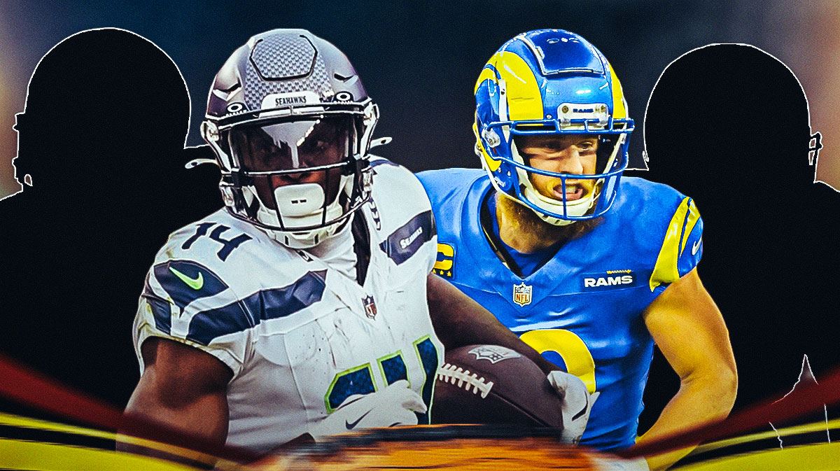 DK Metcalf and Cooper Kupp in the middle, silhouettes of football wide receivers on both sides of them