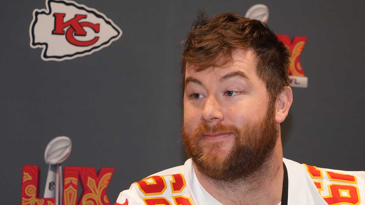 Kansas City Chiefs guard Joe Thuney (62) at a press conference in advance of Super Bowl LIX at New Orleans Marriott.