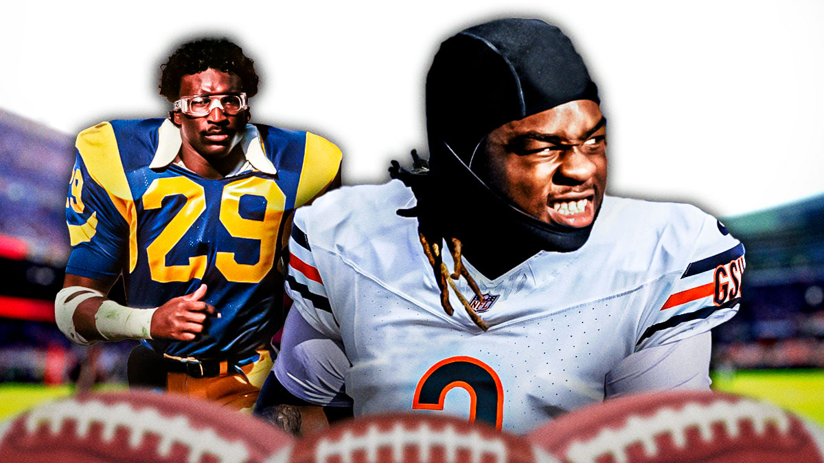 Boise State running back Ashton Jeanty in a Chicago Bears uniform with former Los Angeles Rams running back Eric Dickerson behind him