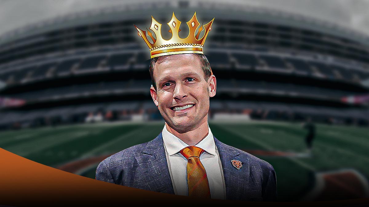 Bears HC Ben Johnson wearing crown with multiple 👀 emojis in background after winning Coach of the Year. Background is Solier Field.