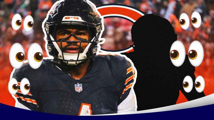 Bears logo behind RB D'Andre Swift and SILHOUETTE of RB Travis Homer. Multiple 👀 emojis in background. Background is Soldier Field.