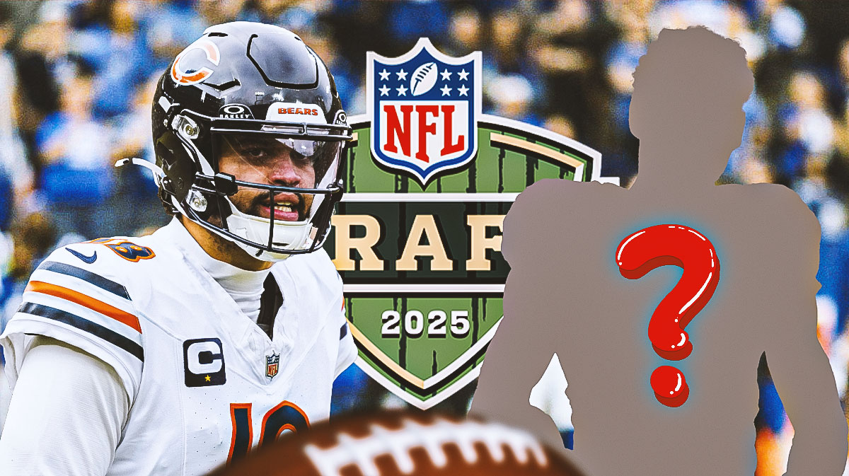 Chicago Bears head coach Ben Johnson with QB Caleb Williams and a silhouette of an American football player with a big question mark emoji inside. There is also a logo for the 2025 NFL Draft.