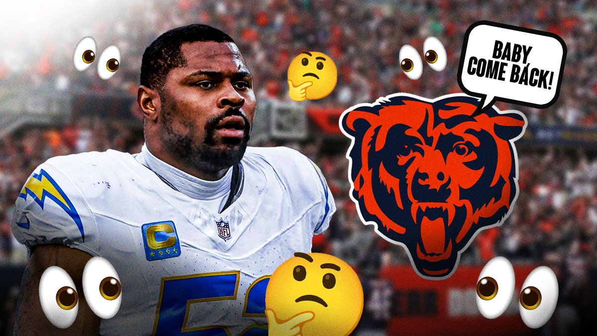 Bears logo with speech bubble above it saying, 'Baby, come back' next to Chargers EDGE Khalil Mack, hinting at a reunion. Multiple 🤔 and 👀 emojis in background. Background is Soldier Field.