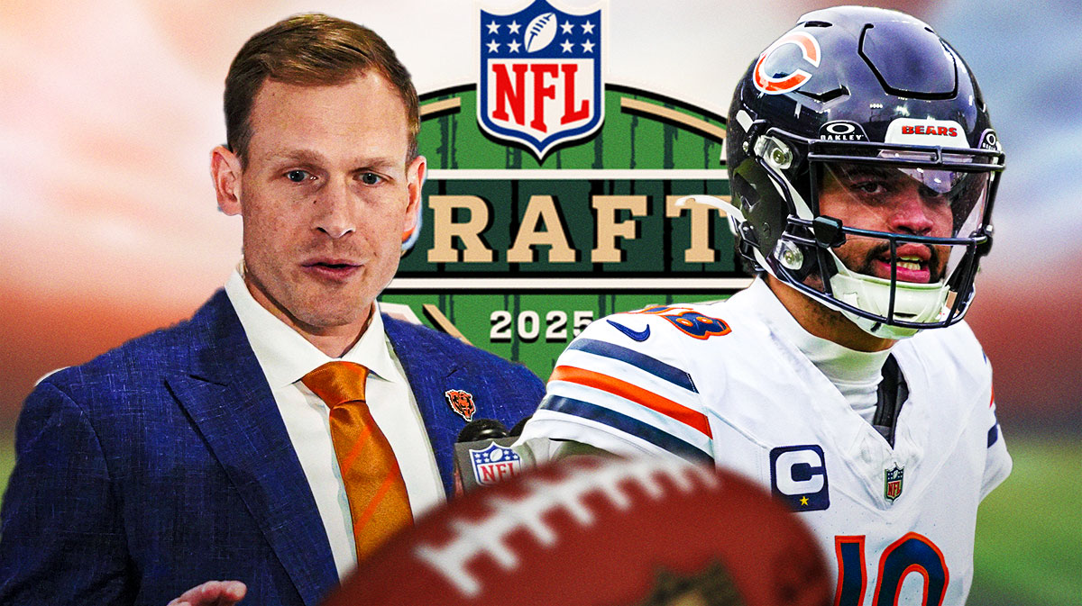 Chicago Bears head coach Ben Johnson and quarterback Caleb Williams with the NFL Draft logo