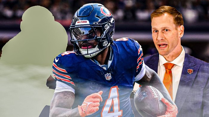 Chicago Bears running back D'Andre Swift with a silhouette of a running back next to him, along with Bears head coach Ben Johnson.