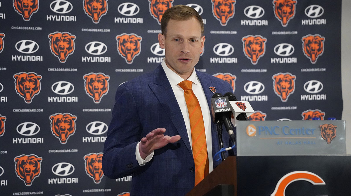 Chicago Bears head coach Ben Johnson answers questions during a introductory press conference at PNC Center.