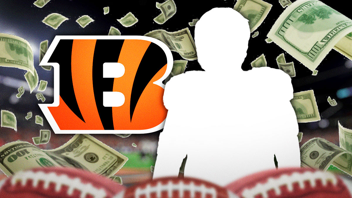 Bengals logo behind SILHOUETTE of ex-Saints/Bears OL Lucas Patrick. with money falling from sky, indicating free agency. Background is Paycor Stadium.