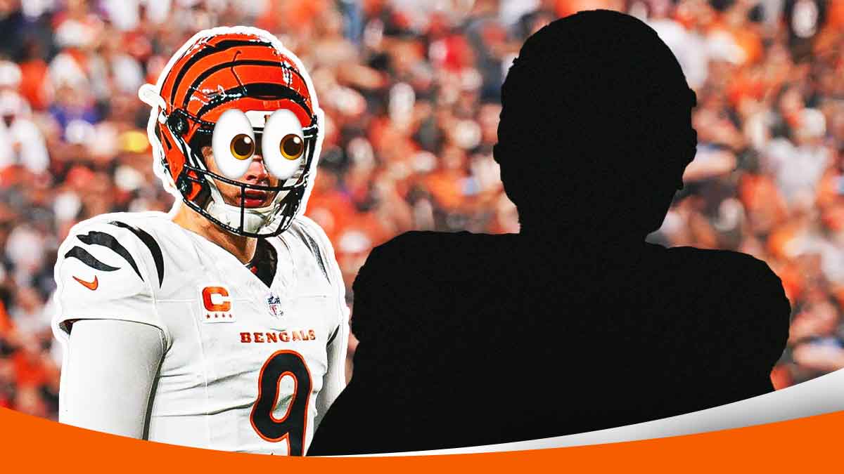Joe Burrow in a Cincinnati Bengals uniform with big cartoon eyes looking at a silhouette of Samaje Perine as the bengals focus on offense in free agency with a samaje perine contract.