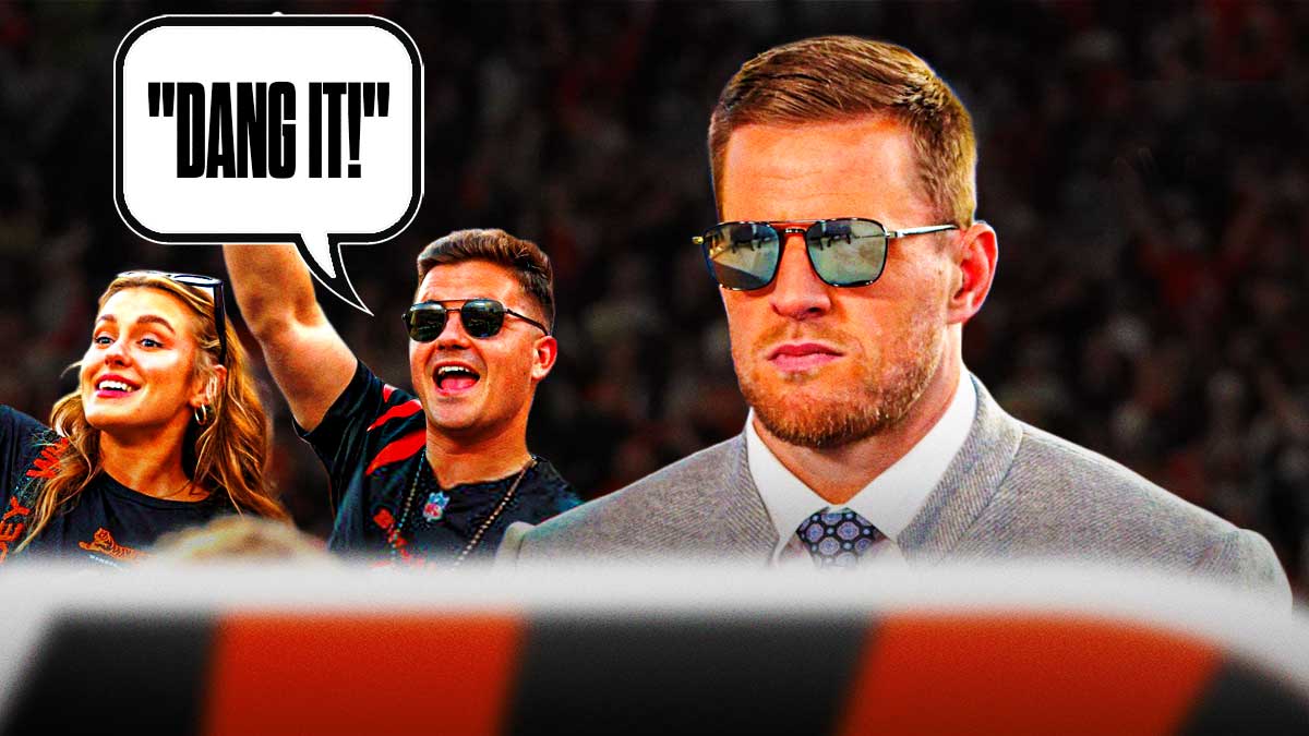 J.J. Watt on one side, a bunch of Cincinnati Bengals fans on the other side with a speech bubble that says "Dang it!"